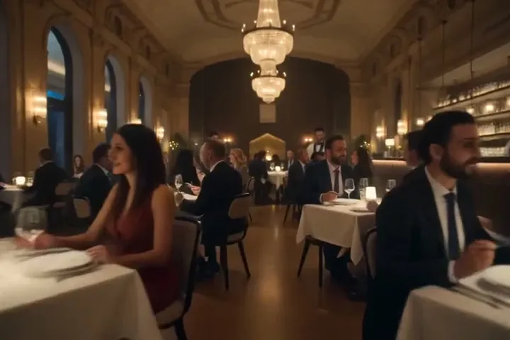 El salón del hotel ficticio, de noche